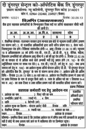 The Dungurpur Central Cooperative Bank Ltd. Notified Recruitment for Office Assistant 2013