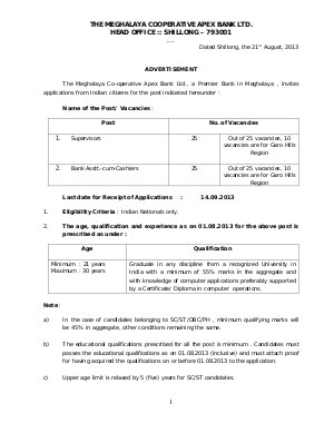 The Meghalaya Cooperative Apex Bank Ltd. Notified Recruitment for 50 Various Posts 2013
