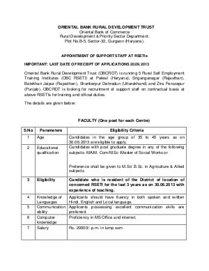 Oriental Bank Rural Development Trust Notified For Recruitment to Support Staff 2013
