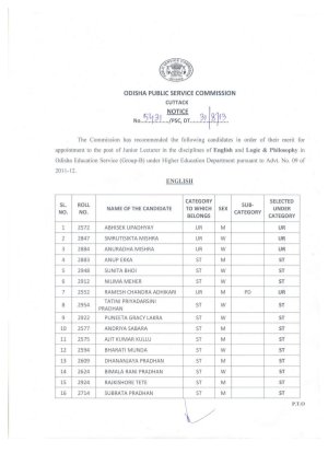 OPSC Announced Results for Recruitment to Posts of Junior Lecturers 2013