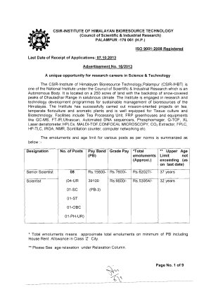 CSIR-Institute of Himalayan Bioresource Technology notified recruitment for Sr. Scientist & Scientist post 2013