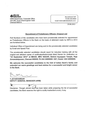 Indian Bank Probationary Officers Drop Out List