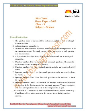 CBSE class 10  guess paper  science first term