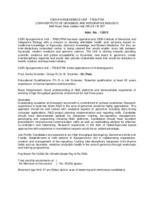 CSIR-Ayurgenomics Unit, Trisutra Notified Recruitment for Senior Scientist Posts 2013