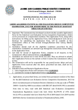 JKPSC Notified for J&K Statistical cum Evaluation Service Competitive Examination 2013