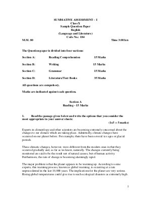 CBSE Class 10 English (Language and Literature) Sample Paper First term 2013