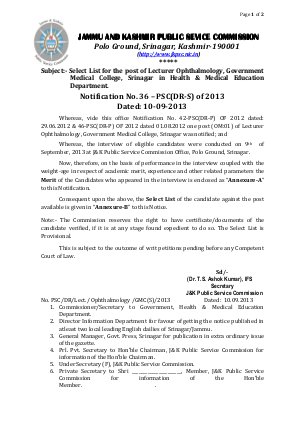 JKPSC Announced Result for the Post of Lecturer Ophthalmology