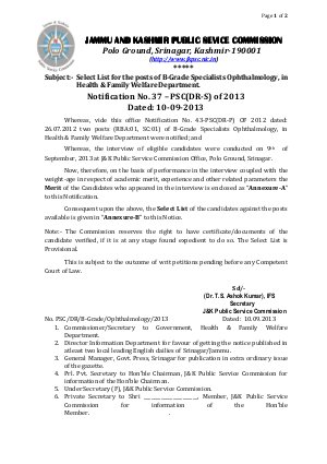 JKPSC Declared Result for the Post of B-Grade Specialists Ophthalmology