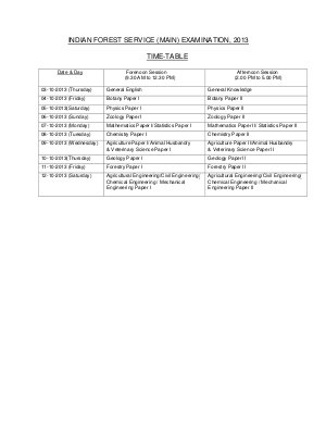 Indian Forest Services (Main) Written Examination 2013: Time Table