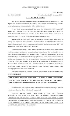 APSC Notified for Half Yearly Departmental Examination 2013