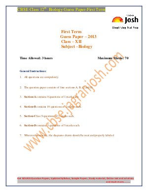 CBSE Class 12 Biology Guess Paper Firsts term 2013 