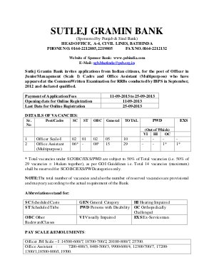 Sutlej Gramin Bank Notified Recruitment for Officers Scale- I & Office Assistant 2013