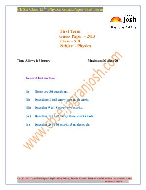 CBSE class 12th guess paper Physics first term