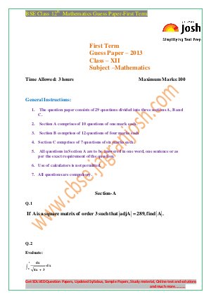 CBSE class 12th guess paper mathematics first term