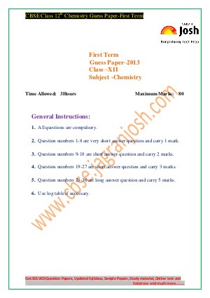 CBSE class 12th guess paper chemistry first term 