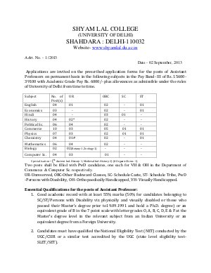 Shyam Lal College, DU Notified Recruitment to the Post of Assistant Professor