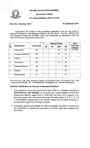 Shyam Lal College (Evening) Notified Recruitment to the Post of Assistant Professor