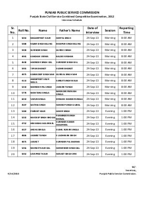 PPSC released Punjab PCS Exam Interview Schedule 24 September 2013