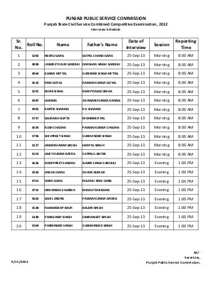 PPSC released Punjab PCS Exam Interview Schedule 25 September 2013