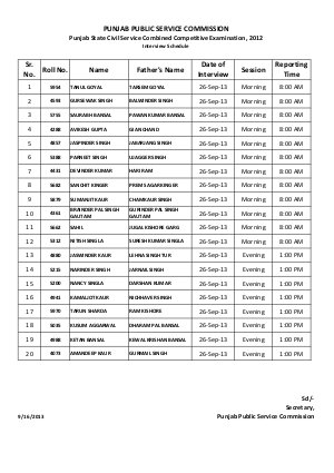 PPSC released Punjab PCS Exam Interview Schedule 26 September 2013
