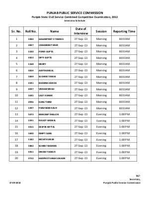 PPSC released Punjab PCS Exam Interview Schedule 27 September 2013