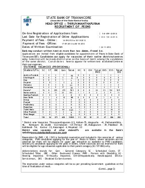 State Bank of Travancore Notified Recruitment to the Post of Peons 2013