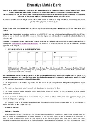 Bharatiya Mahila Bank Notified Recruitment to the Post of 115 Probationary Officers 2013