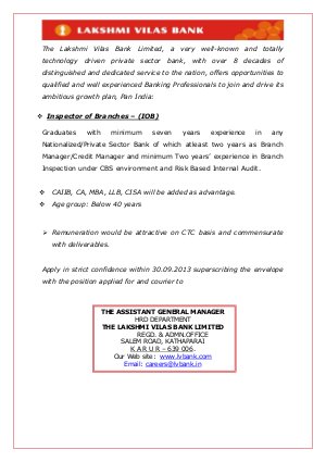 Lakshmi Vilas Bank Limited Notified Recruitment for Inspector of Branches Post