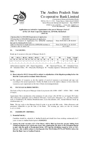 Andhra Pradesh State Cooperative Bank Limited Notified Recruitment to Manager & Staff Assistant post 2013
