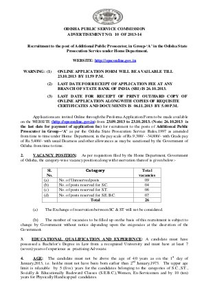 OPSC Notified Recruitment for the Post of Additional Public Prosecutor in Group-A