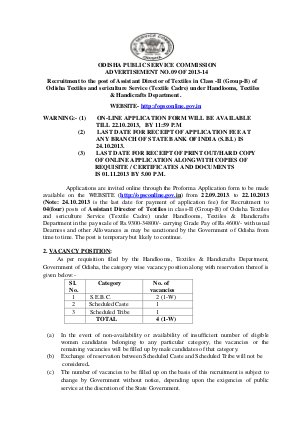 OPSC Notified Recruitment for the Post of Assistant Director of Textiles in Class –II (Group B)
