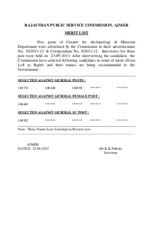 RPSC Declared Results for Curator for Archaeology & Museum Department Exam 