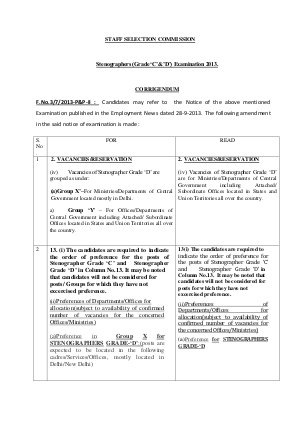 SSC Corrigendum Steno C & D Exam 2013