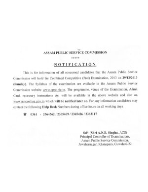 APSC Combined Competitive Pre Exam 2013: Exam Dates
