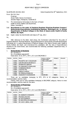 APSC Declared Results for Various Posts in Departments of Medical Colleges