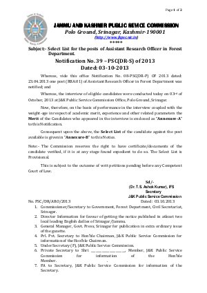 JKPSC Announced Select List for Recruitment to Post of Assistant Research Officer in Forest Department 2013