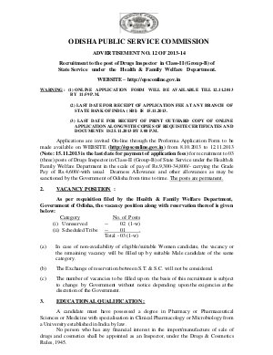 Odisha Public Service Commission Notified Recruitment for the Post of Drugs Inspector 2013