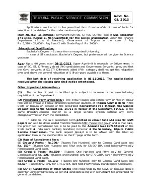 Tripura Public Service Commission Notified Recruitment for the Post of Sub-Inspector 2013