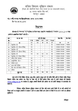 Wadia Institute of Himalayan Geology Notified Recruitment of 20 Various Posts 2013
