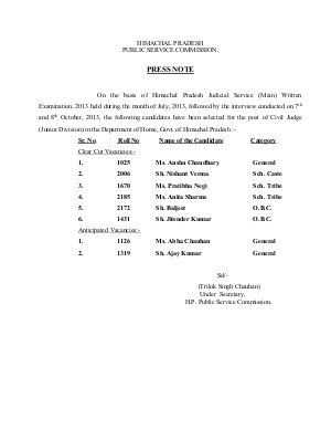 Himachal Pradesh Judicial Service (Main) Written Examination, 2013: Result Declared 