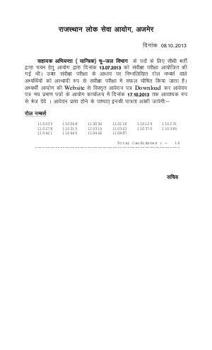 RPSC Asstt. Engineer Mechanical (Ground Water Depts.): Screening Result
