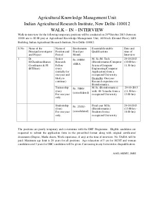 Detailed Advertisement For SRF, Tranieeship & Studentship
