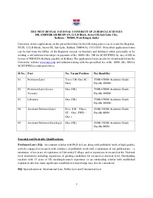 WB National University of Juridical Sciences Notified Recruitment for 10 Different Teaching Posts 