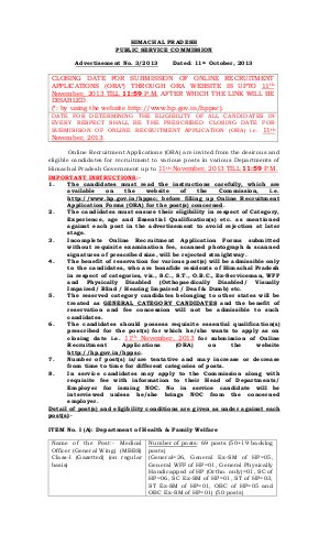 Himachal Pradesh Public Service Commission Notified Recruitment for 186 Different Posts 2013