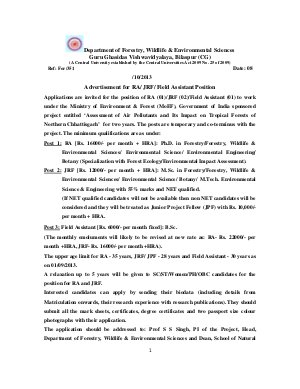 Guru Ghasidas Vishwavidyalaya Notified Recruitment for 4 RA, JRF and Filed Assistant Posts 2013