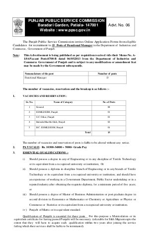 Punjab Public Service Commission Notified Recruitment for 13 Functional Manager Vacancies 2013
