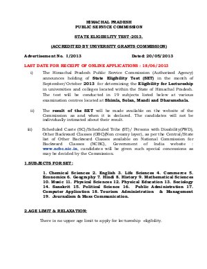 Himachal Pradesh State Eligibility Test SET 2013  Notification