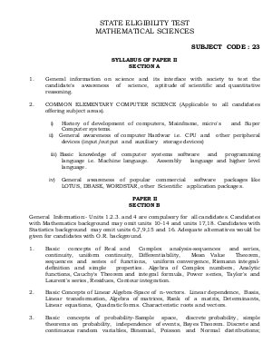 Himachal Pradesh State Eligibility Test SET Syllabus (Mathematical Sciences)