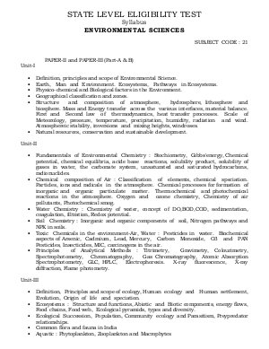 Himachal Pradesh State Eligibility Test SET Syllabus (Environmental Sciences)