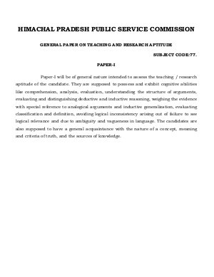 Himachal Pradesh State Eligibility Test SET Syllabus (General on Teaching & Research Aptitude)